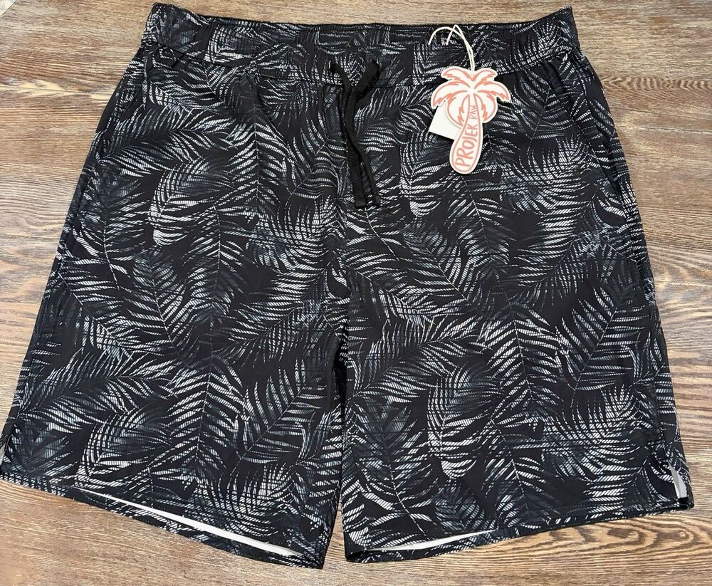PROJEK RAW Black Tropical Palm Print Beach Swim Shorts - X-Large - NWT